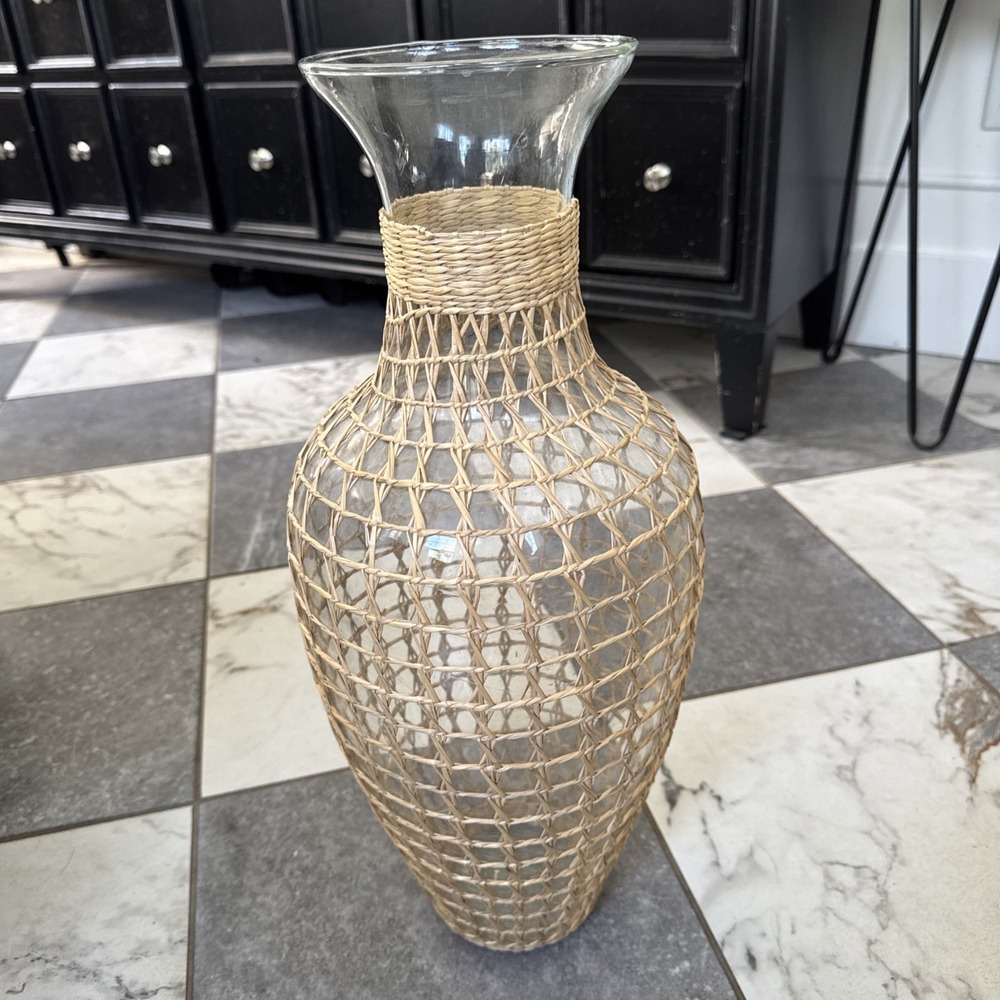 Boho Wicker Wrapped Glass Vase 19" Tall